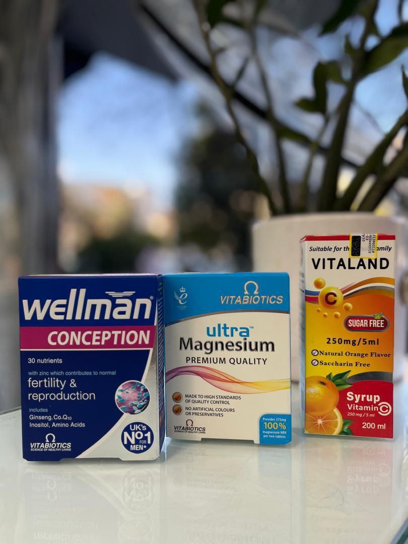 پک تقویت انرژی، باروری و عضلات | شربت ویتامین C ویتالند + اولترا منیزیم + ول‌من کانسپشن